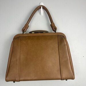 Vintage 60s Jaclyn USA Kelly Handbag Brown Vinyl Padded Handle Metal Hardware